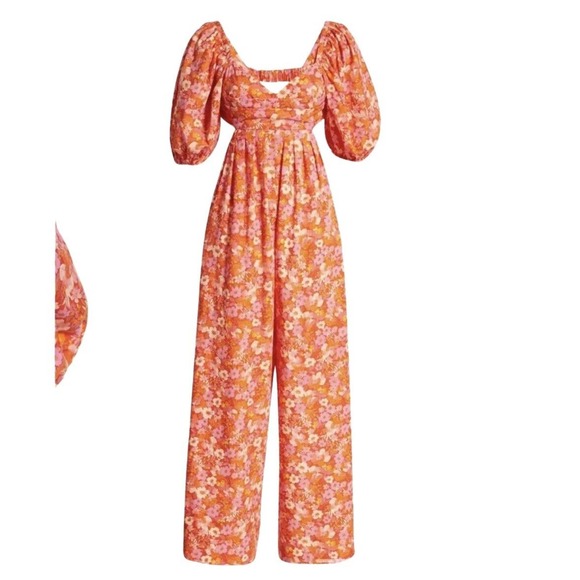 NWT Free People Floral Jumpsuit Amy Jumpsuit S Wide Leg Puff Sleeves Boho Gypsy - Picture 8 of 11
